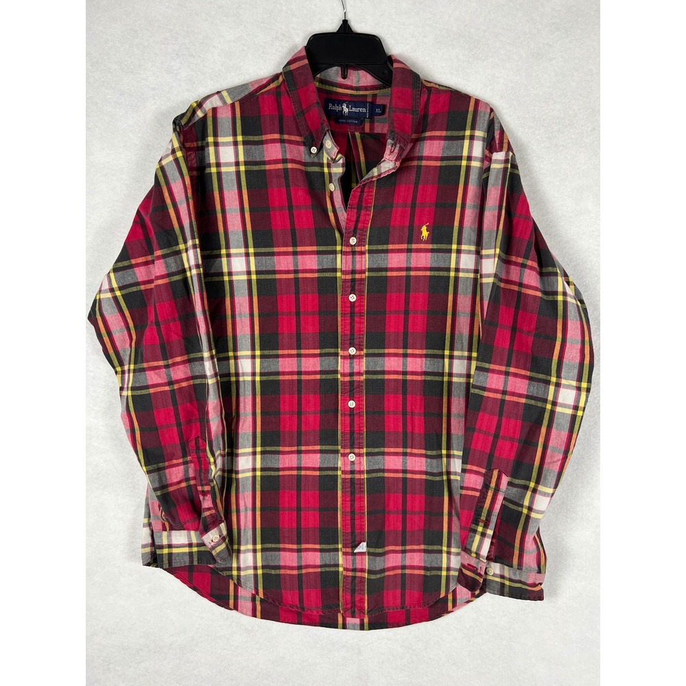 Ralph Lauren Mens XL Red Yellow Plaid Cotton Long Sleeve Button Down Shirt Pony